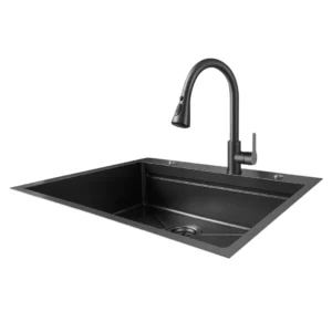 Fregadero sobreponer negro mate con grifería y accesorios